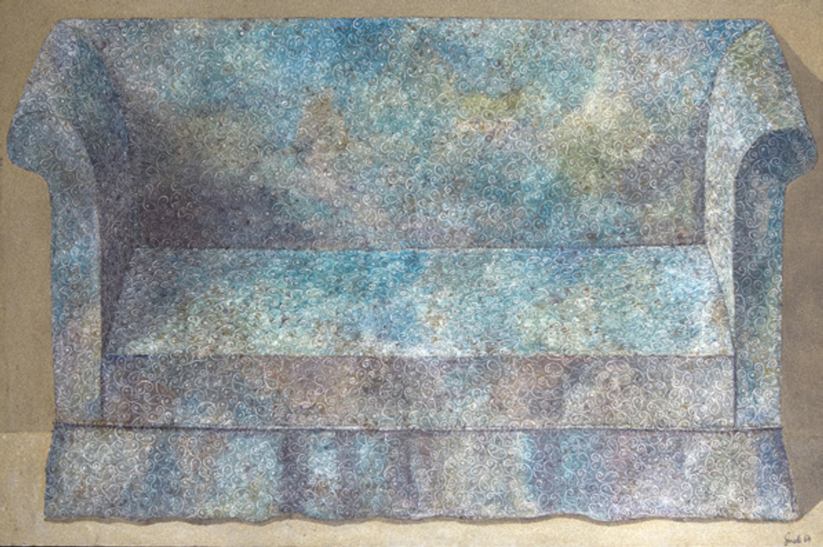 Domenico Gnoli, Le Canapé Bleu, 1964, acrylique et sable sur toile. © AuctionArt Rémy Le Fur & Associés