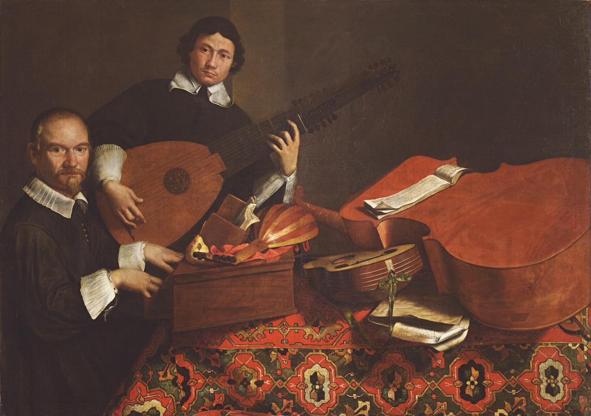 Evaristo Baschenis, Académie de musique d’Evaristo Baschenis et Ottavio Agliardi (Épinette, luth-théorbe, chitarrino, guitare espagnole, violone, tablatures pour luth), Volet gauche du Triptyque Agliardi, vers 1665-1670, huile sur toile, 115 x 163 cm. Italie, collection particulière. © Studio Fotografico Da Re, Bergame
