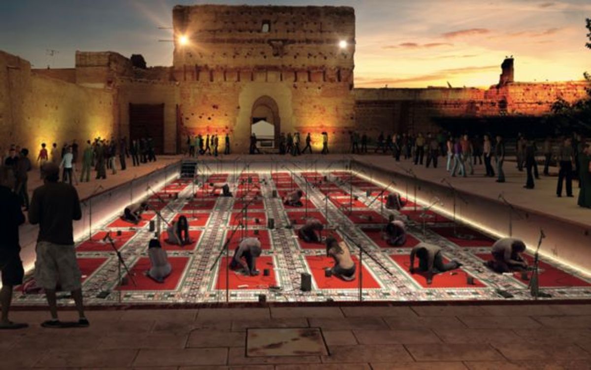 Maquette du projet Fuck the Death de Mohamed El Baz, palais El Badi, Marrakech, installation-performance avec tapis, tondeuses, micros.

 Courtesy de l’artiste