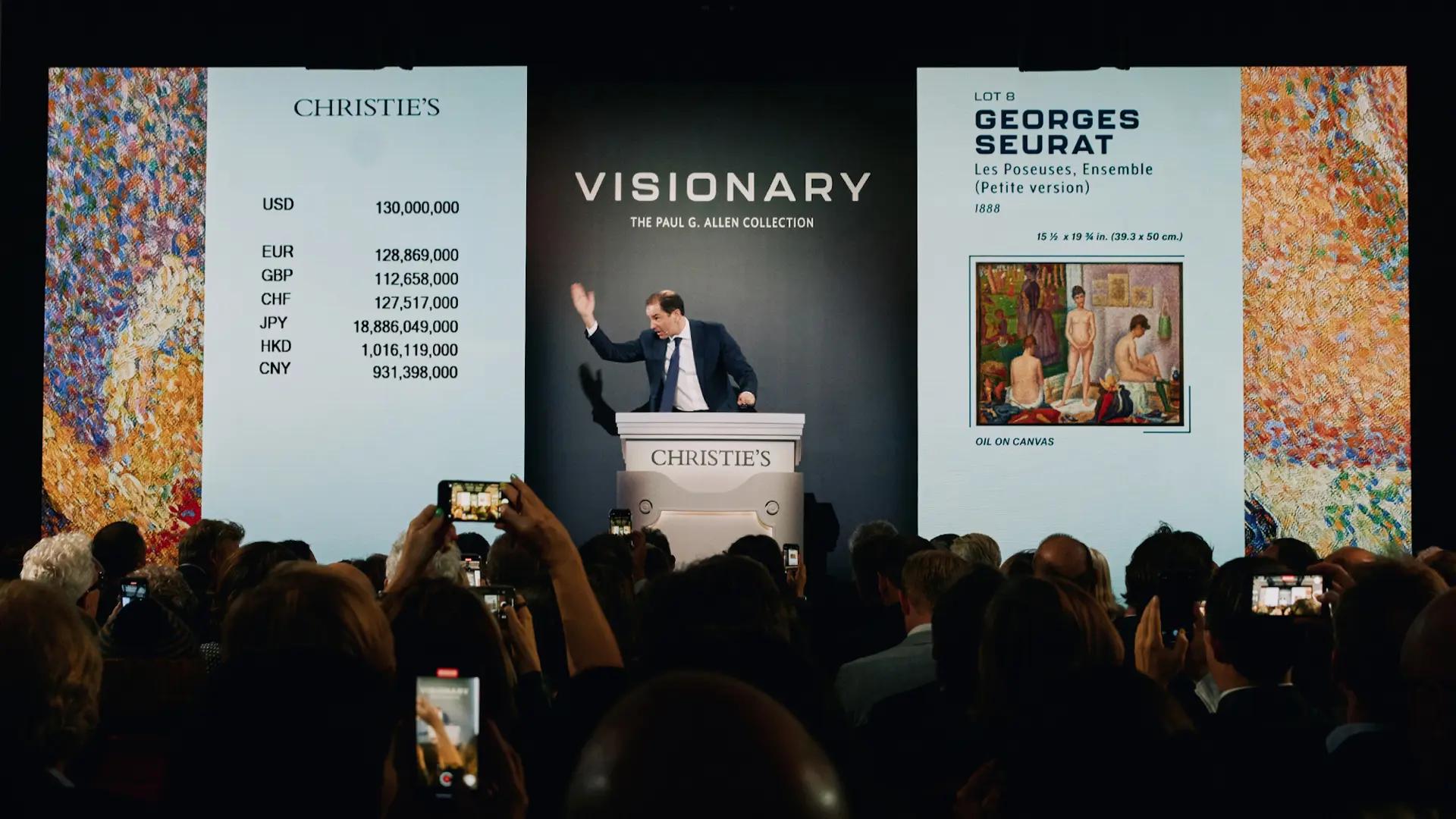 La vente du plus gros lot de la soirée, Les Poseuses, Ensemble (Petite version) (1888) de Georges Seurat, qui a rapporté 149,2 millions de dollars, lors de la vente du soir d'œuvres de la collection de Paul Allen par Christie's à New York. Courtesy Christie's Images Ltd. 2022