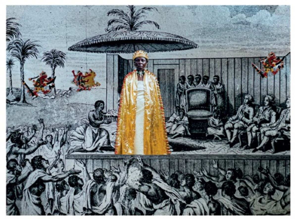 Ishola Akpo, Trace d’une reine XVI, série Trace d’une reine, projet Agbara Women, 2021, collage sur papier coton, photographie numérique, photographie d’archive et fil de coton. © Ishola Akpo. Courtesy de la Collection nationale du Bénin
