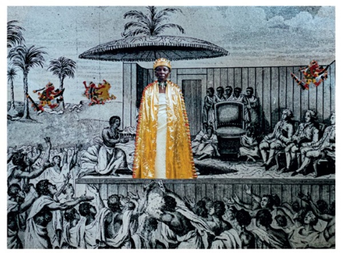 Ishola Akpo, Trace d’une reine XVI, série Trace d’une reine, projet Agbara Women, 2021, collage sur papier coton, photographie numérique, photographie d’archive et fil de coton. © Ishola Akpo. Courtesy de la Collection nationale du Bénin