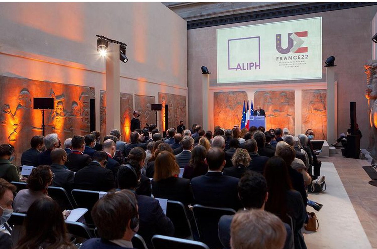La deuxième conférence des donateurs d’ALIPH, le 31 janvier 2022, dans la cour Khorsabad du musée du Louvre. © ALIPH. Photo : Antoine Tardy