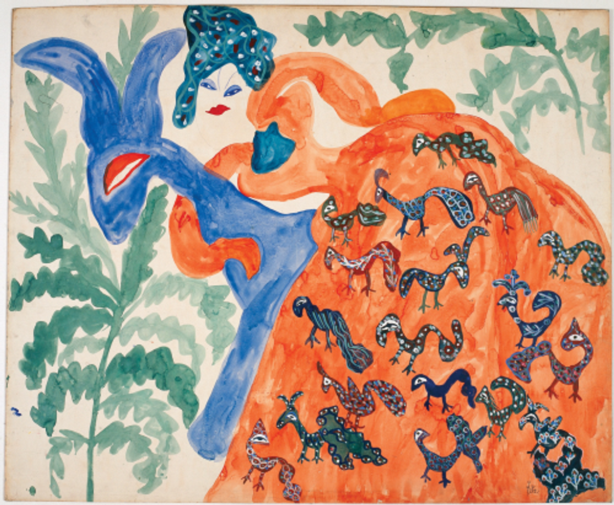 Baya, Femme en robe orange et cheval bleu, vers 1947, gouache, crayon graphite et encre sur papier marouflé sur carton, Villeneuve-d’Ascq, LaM.
© Othmane Mahieddine
