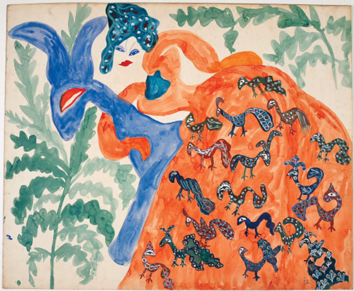 Baya, Femme en robe orange et cheval bleu, vers 1947, gouache, crayon graphite et encre sur papier marouflé sur carton, Villeneuve-d’Ascq, LaM.
© Othmane Mahieddine