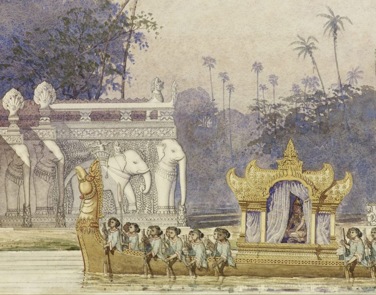 Louis Delaporte, Phimânacas. Palais des rois khmers au centre d’Angkor Thom : vue idéale du perron nord de la terrasse des éléphants (détail), après 1890, mine graphite, aquarelle et rehauts de peinture dorée sur papier vélin. © RMN-Grand Palais (MNAAG, Paris)/ Thierry Ollivier