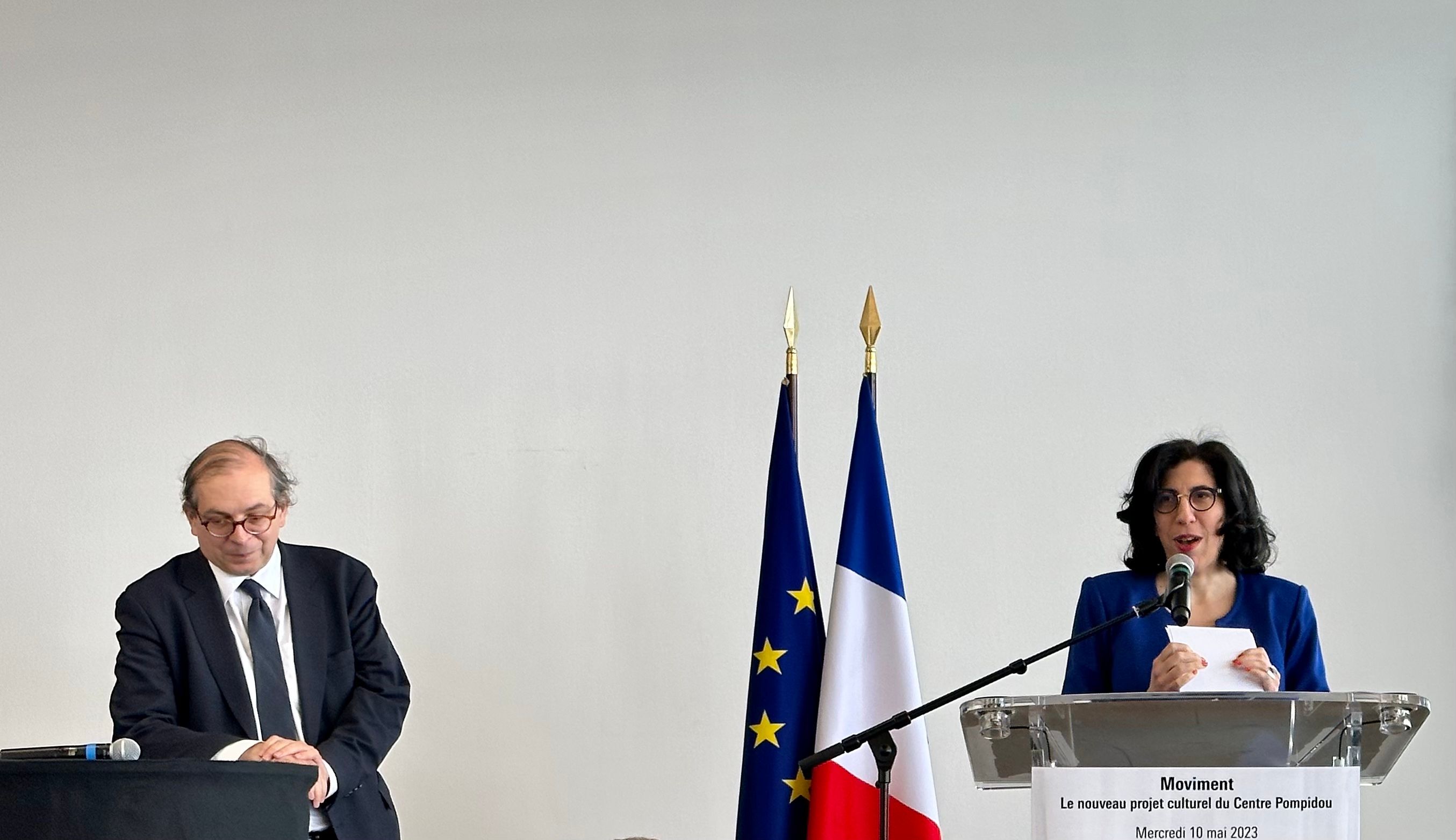 La ministre de la Culture Rima Abdul Malak et le président du Centre Pompidou Laurent Le Bon le 10 mai 2023 à Paris. Photo : Philippe Régnier