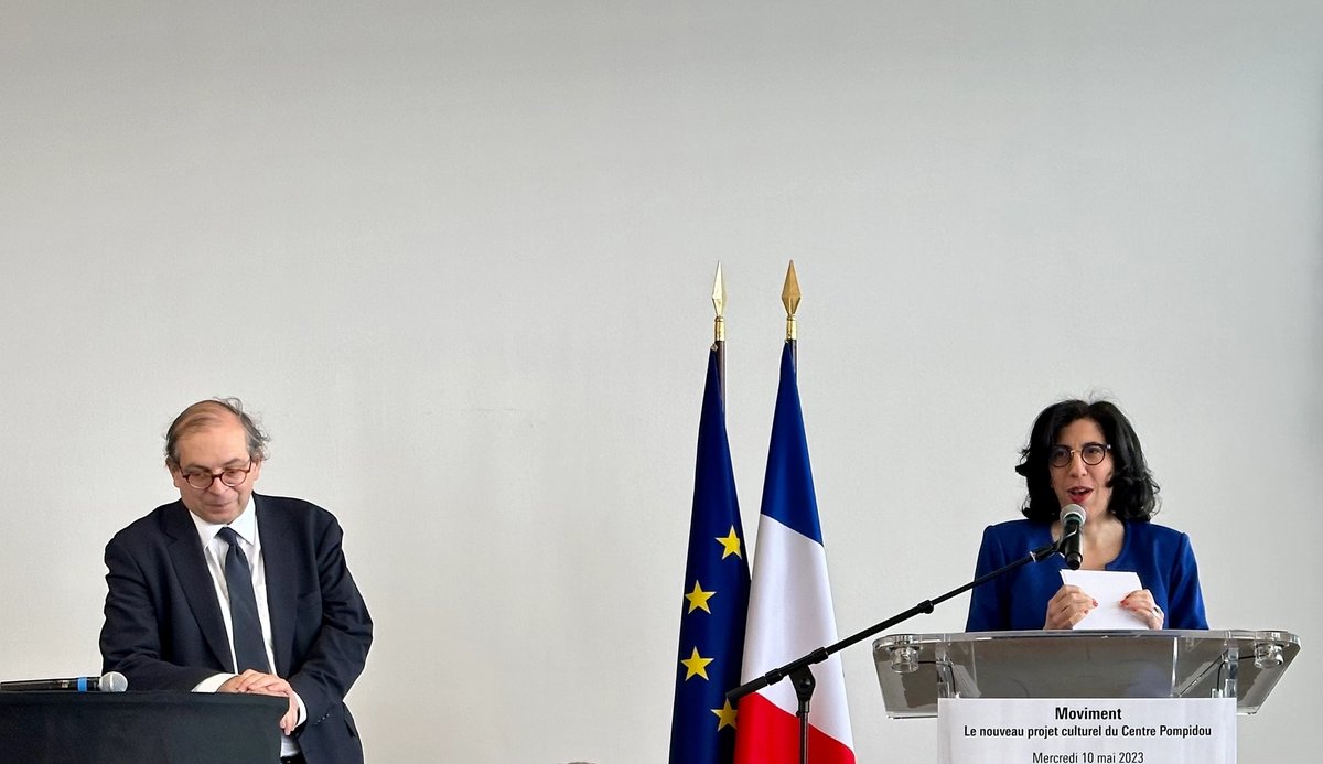 La ministre de la Culture Rima Abdul Malak et le président du Centre Pompidou Laurent Le Bon le 10 mai 2023 à Paris. Photo : Philippe Régnier