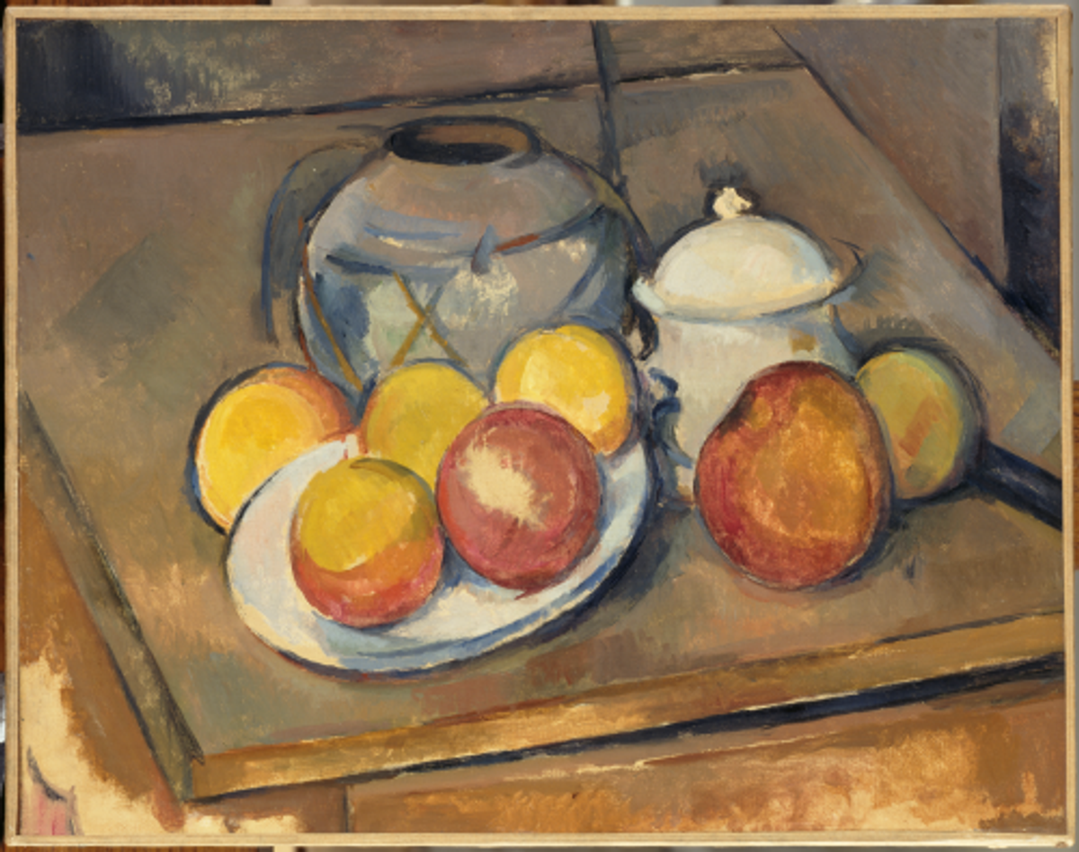 Paul Cézanne, Vase paillé, sucrier et pommes, entre 1890 et 1894, huile sur toile, musée de l’Orangerie, Paris. © RMN-Grand Palais (musée de l’Orangerie)/ Hervé Lewandowski