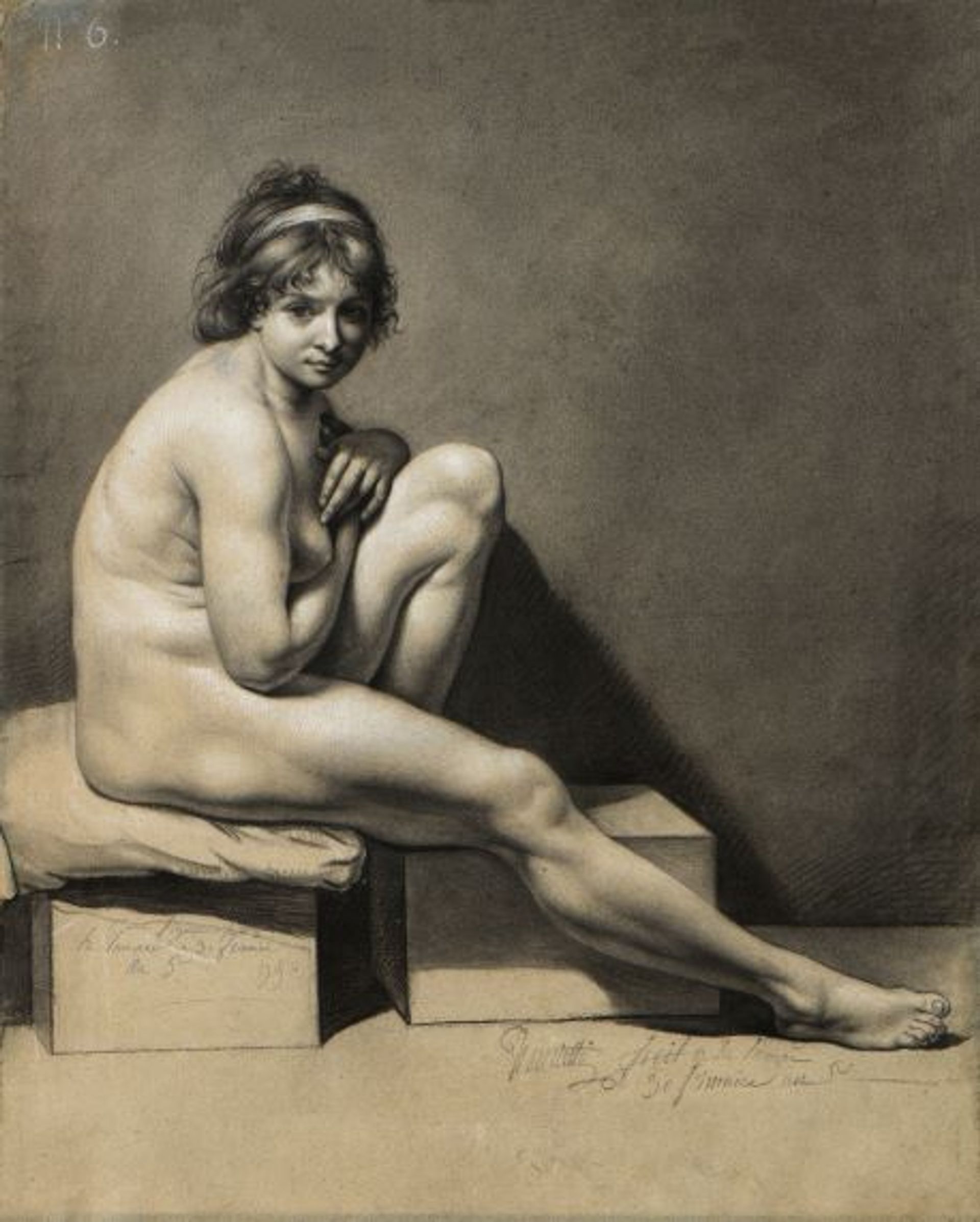 Henriette Lorimier, Étude de femme nue, 25 novembre 1796, 1796, pierre noire et fusain, rehauts de craie blanche. Courtesy de la galerie Terrades