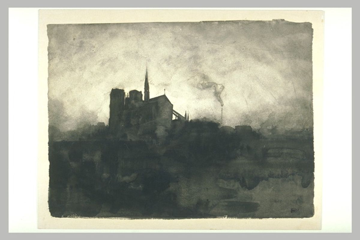 Joseph Pennell, Notre-Dame de Paris : le chevet, vu du quai de la Tournelle, le soir, 1893, plume, encre noire, grattoir et graphite sur papier vélin.
© RMN-Grand Palais/Musée d’Orsay