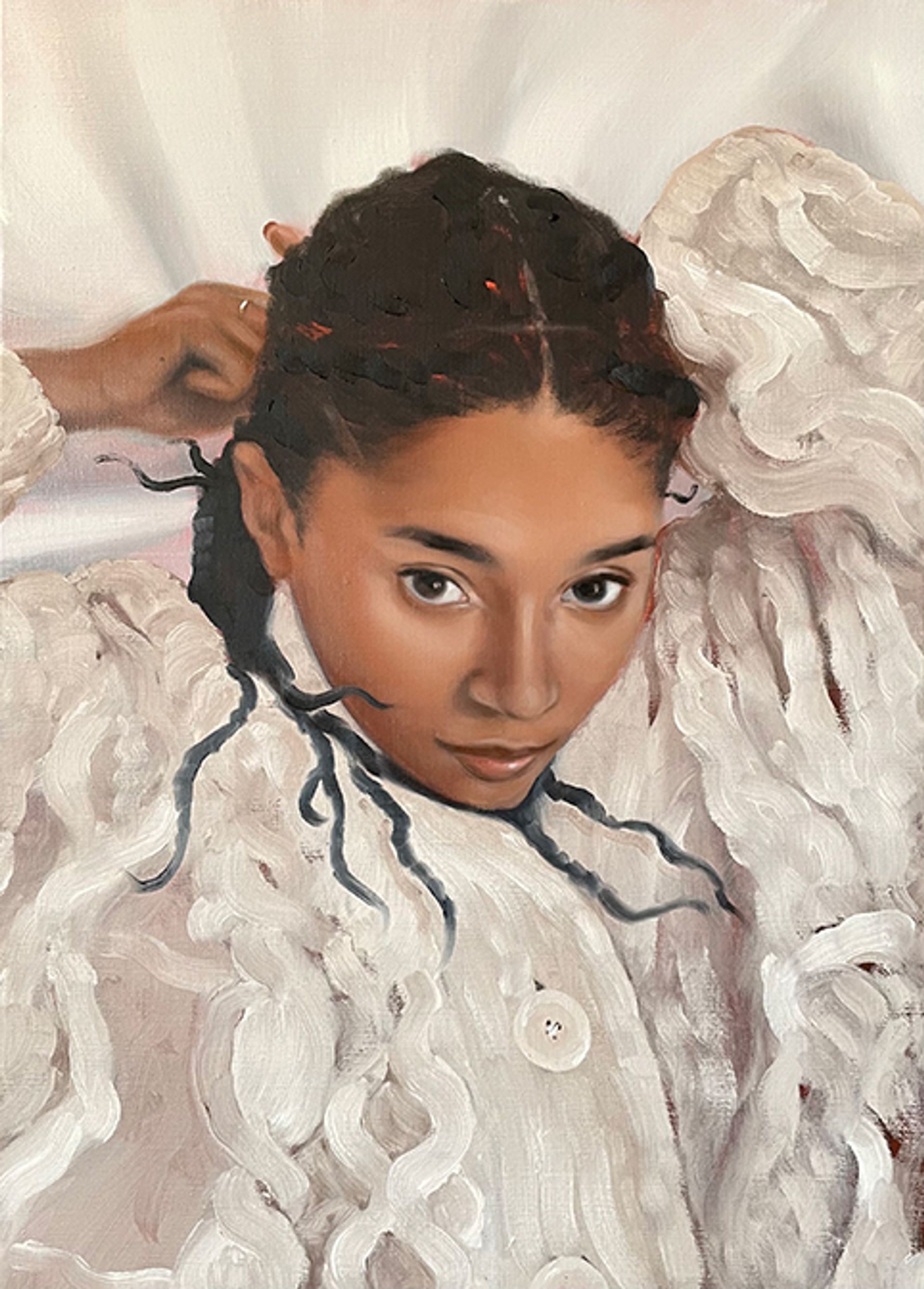 Alexis Ralaivao, Le Tricot, 2020, huile sur toile, 70 x 50 cm. Courtesy de l’artiste et galerie Hussenot, Paris