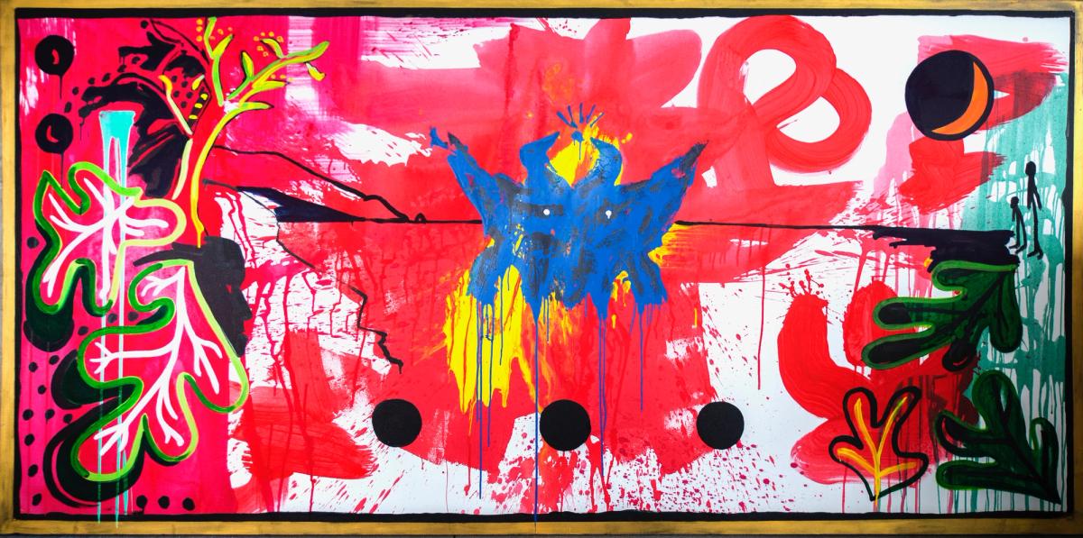 Guela Tsouladze, Test de Rorschach, 2021, acrylique sur toile cirée, 260 x 140 cm. Solo show de l’artiste à la mairie du 6e. Photo : D.R. © Festival Un week-end à l’Est, 2023