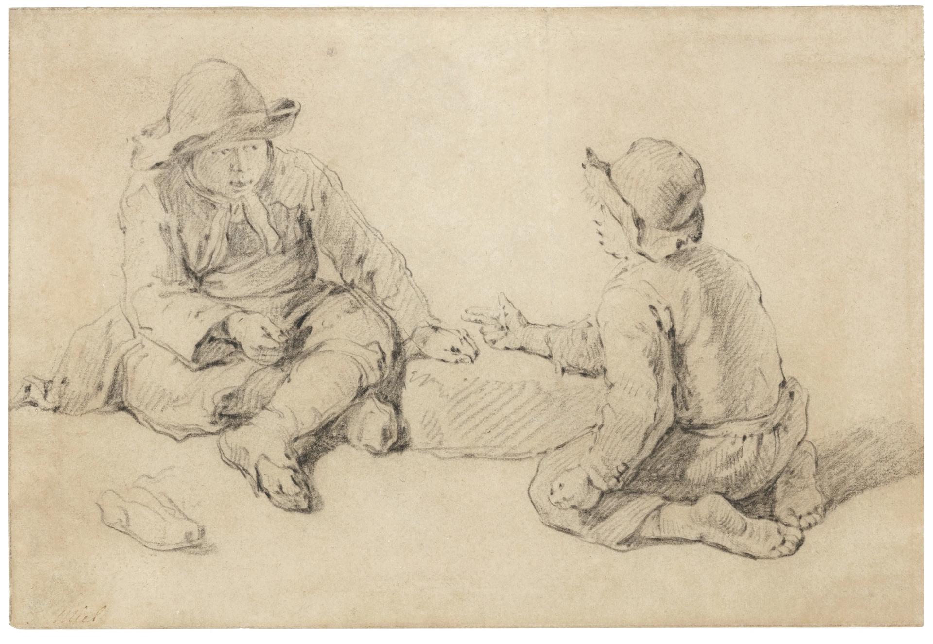 Jan Miel (1599-1664), Deux garçons jouant à la morra ou au micatio, craie noire. Courtesy Onno van Seggelen Fine Arts