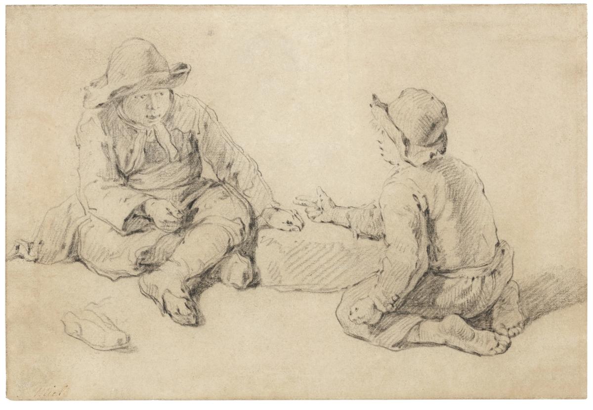 Jan Miel (1599-1664), Deux garçons jouant à la morra ou au micatio, craie noire. Courtesy Onno van Seggelen Fine Arts