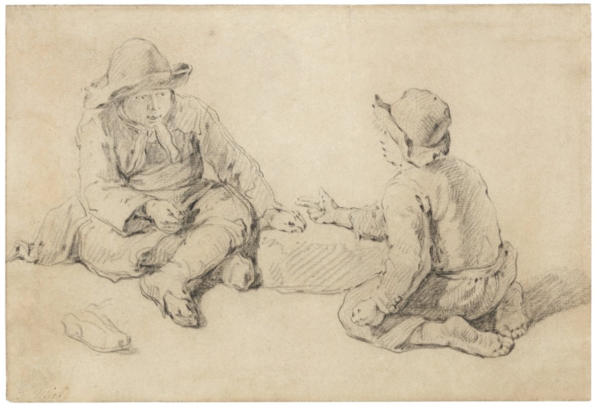 Jan Miel (1599-1664), Deux garçons jouant à la morra ou au micatio, craie noire. Courtesy Onno van Seggelen Fine Arts
