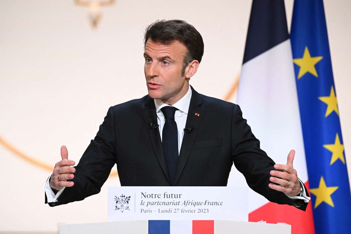 Emmanuel Macron lors de son discours sur la nouvelle stratégie de la France en Afrique, à l'Élysée, le 27 février 2023. D.R.