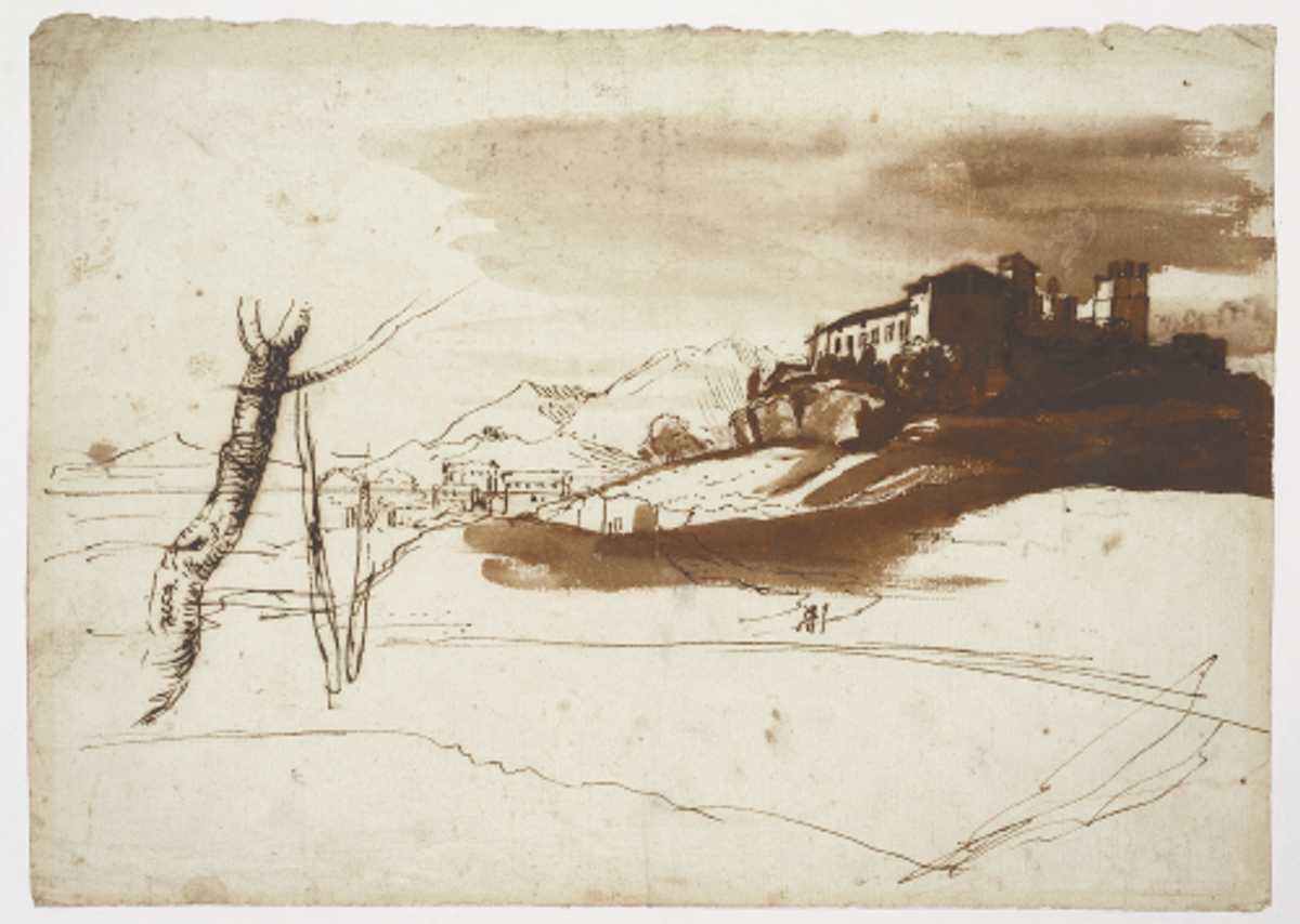 Claude Gellée, dit le Lorrain, Corps de ferme dans les Horti Sallustiani (recto), vers 1635-1640, lavis brun, plume et encre brune, collection particulière. © Christie’s Images Limited