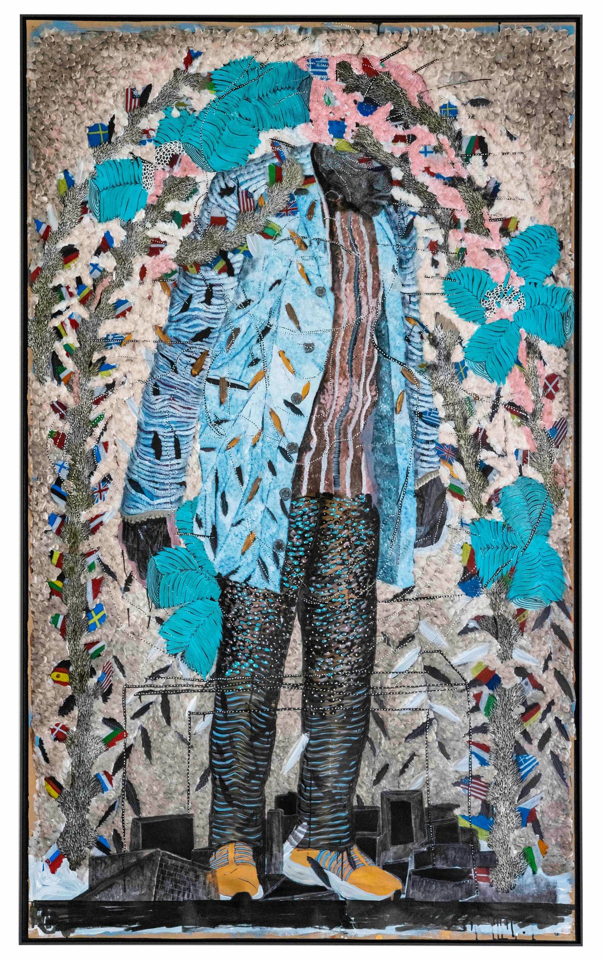 Omar Ba, Monde parallèle II, 2023, encre, huile, acrylique, crayon et gouache sur carton kraft.
© Courtesy de l’artiste et Templon, Paris, Bruxelles et New York. Photo Jean-Jacques Delattre.