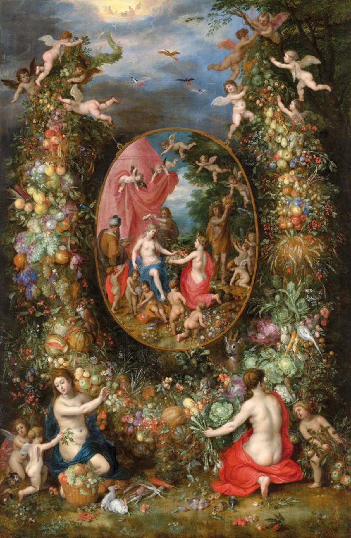 Hendrick van Balen et Jan Brueghel l’Ancien, Guirlande de fruits entourant une représentation de Cybèle recevant les cadeaux des allégories des Quatre saisons, 1620-1622, huile sur bois, La Haye, Mauritshuis. Courtesy du Mauritshuis, La Haye