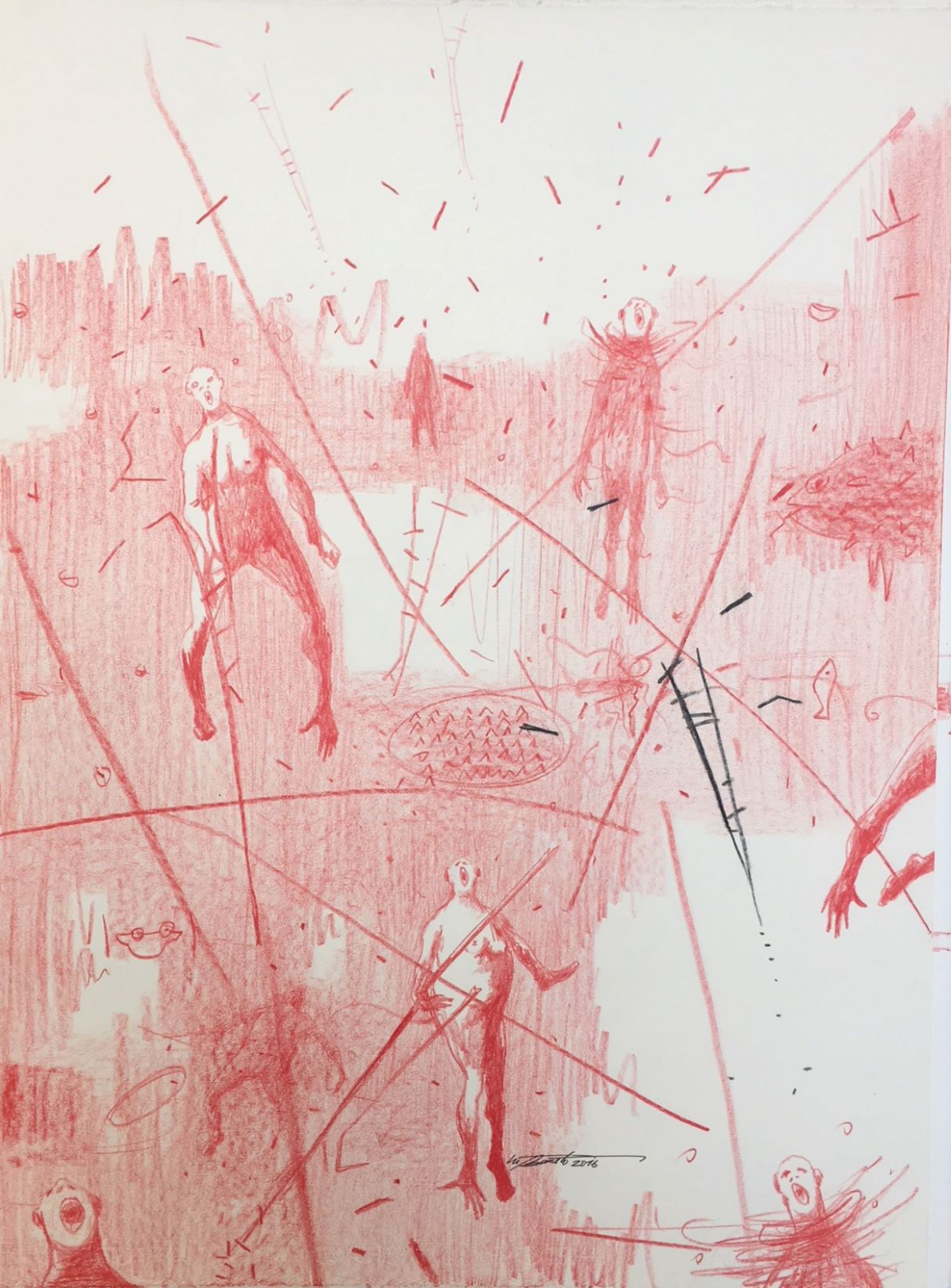 Nú Barreto, Vie de poisson, 2016, crayon céramique rouge sur papier. Prix : 4000 euros. © Nú Barreto. Courtesy galerie Nathalie Obadia, Paris/Bruxelles