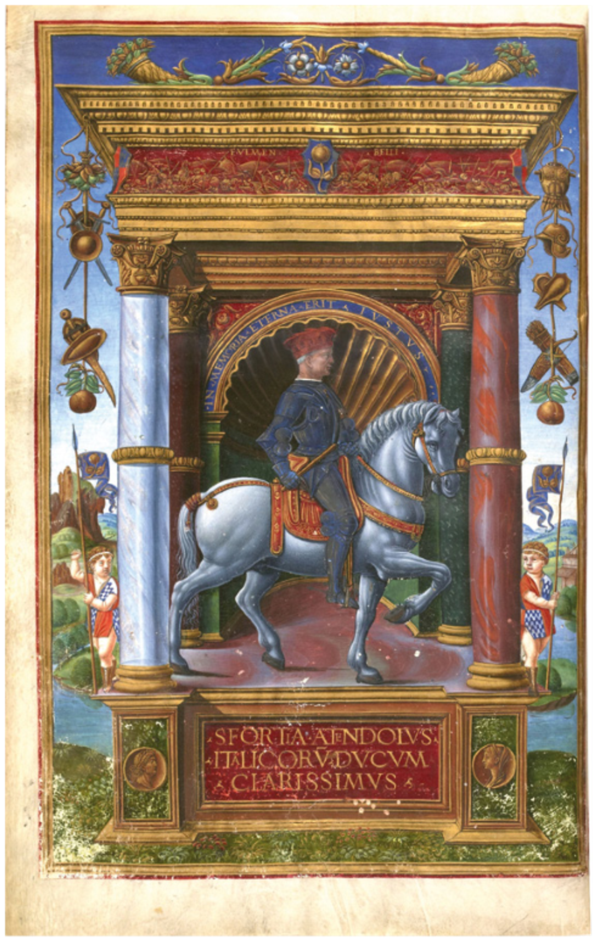Maître des Heures Landriani et Maître B.F., Portrait équestre de Muzio Attendolo Sforza, enluminure sur parchemin publiée dans Vita di Muzio Attendolo Sforza d’Antonio Minuti, 1491, Milan. © BnF, département des manuscrits