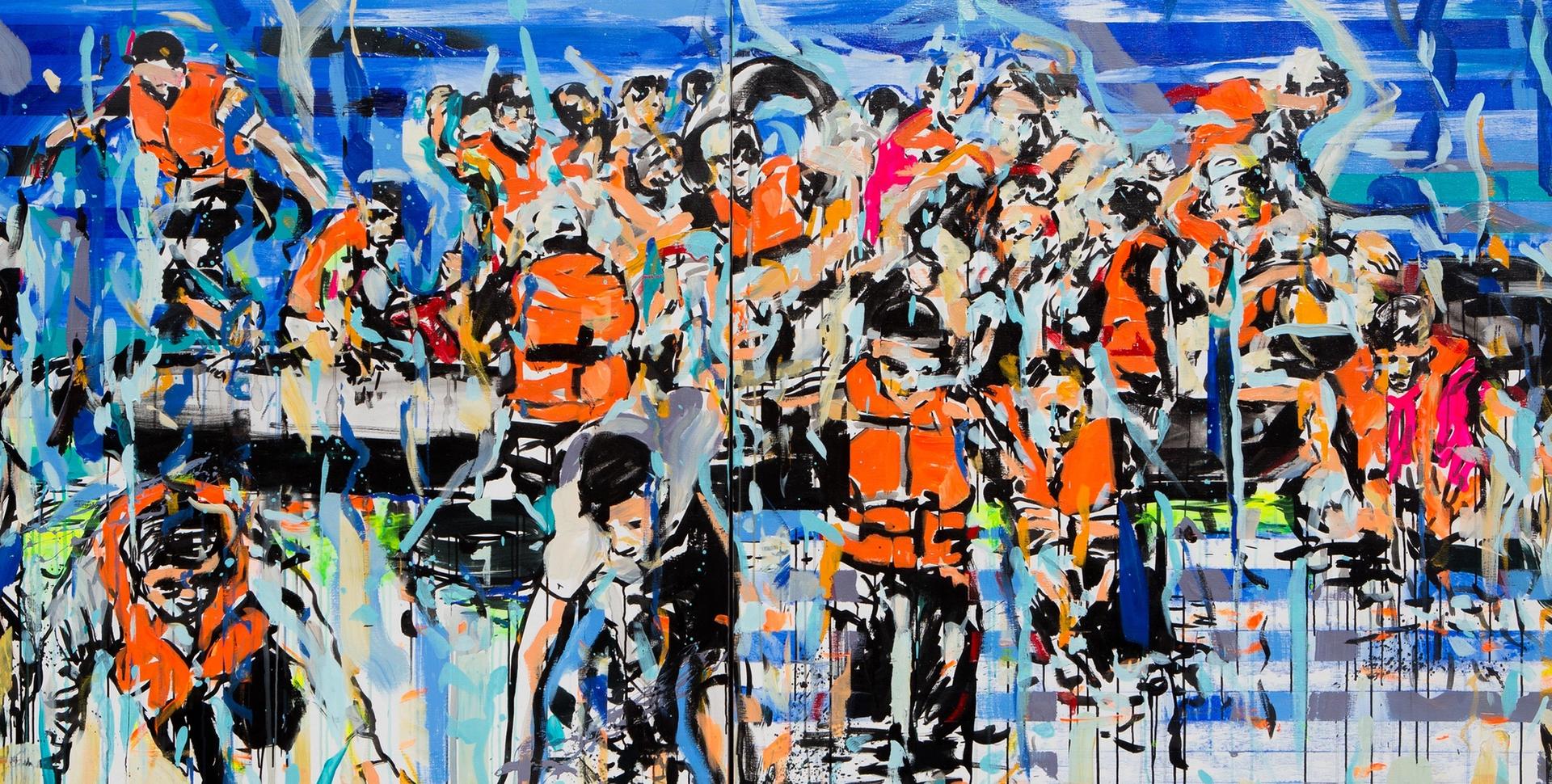Omar Mafouhdi, L’Exode, 2017, acrylique sur toile. Courtesy Fondation Montresso