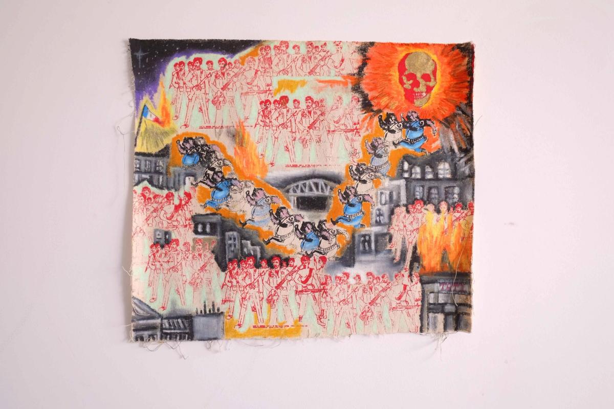 Dimitri Milbrun, Barbès Network, collaboration avec Thomas Chauzy, 2020, techniques mixtes (pastels à l’huile, sérigraphie, crayons de couleur, feutre) sur toile, 43 x 50 cm. Courtesy de l’artiste