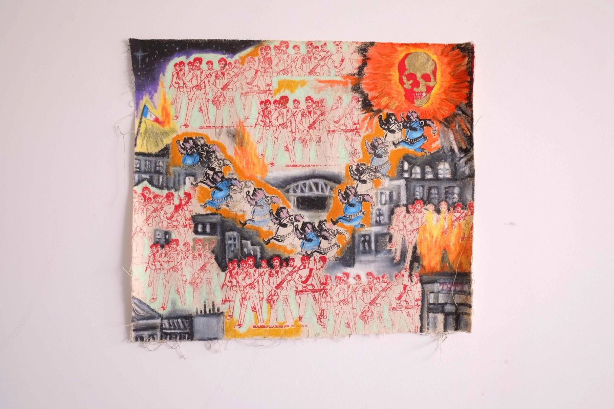 Dimitri Milbrun, Barbès Network, collaboration avec Thomas Chauzy, 2020, techniques mixtes (pastels à l’huile, sérigraphie, crayons de couleur, feutre) sur toile, 43 x 50 cm. Courtesy de l’artiste