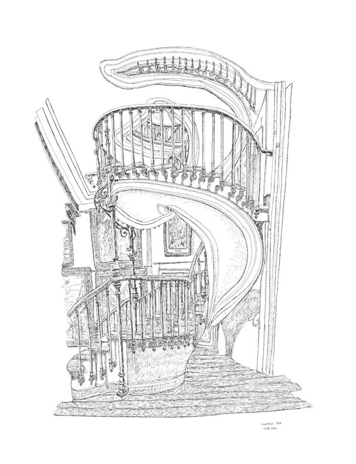 Christelle Téa, L’Escalier, musée national Gustave Moreau, 2024, encre de Chine sur papier. Courtesy de l’artiste et de la Purdy Hicks Gallery