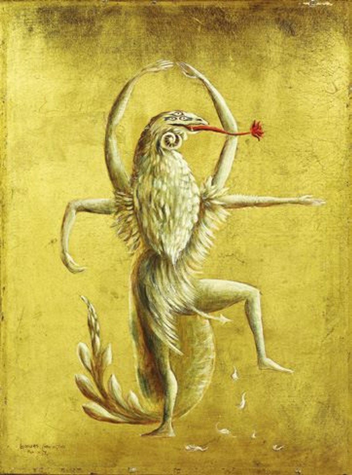 Leonora Carrington, Figuras Míticas : Bailarín II, 1954, huile et feuille d’or sur masonite, collection particulière. Courtesy de The Estate of Leonora Carrington