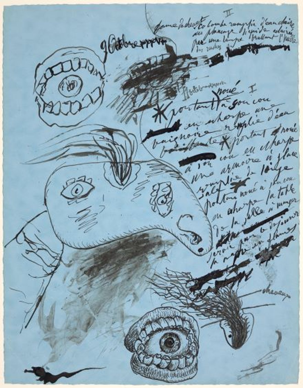 Pablo Picasso, Étude : tête de femme et poèmes en français, 1936, dessin à la plume, encre de Chine, lavis, vélin, Musée national Picasso-Paris. © Succession Picasso 2020. Photo RMN - Grand Palais (Musée national Picasso-Paris)/ Mathieu Rabeau.