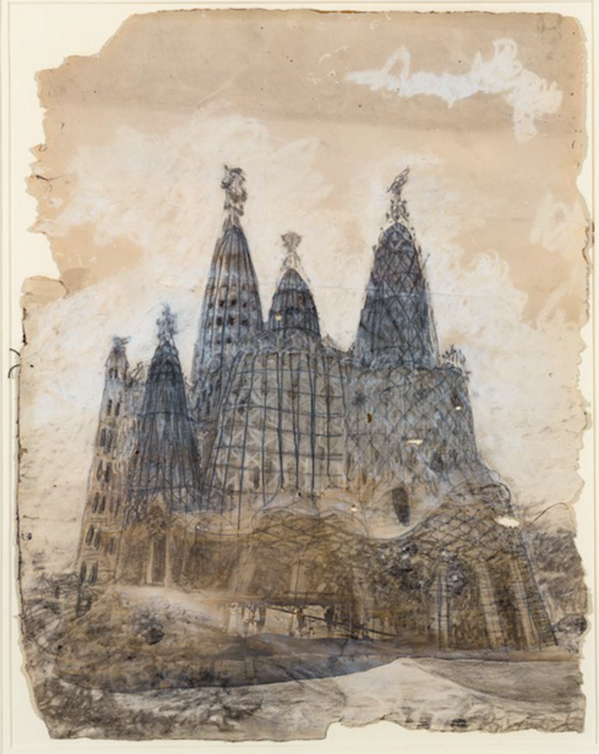 Antoni Gaudi, Projet pour l’église de la Colonie Güell, vers 1908-1910, fusain et rehauts de blanc sur photographie, Barcelone, Museu Nacional d’Art de Catalunya. © MNAC, Barcelona, 2022