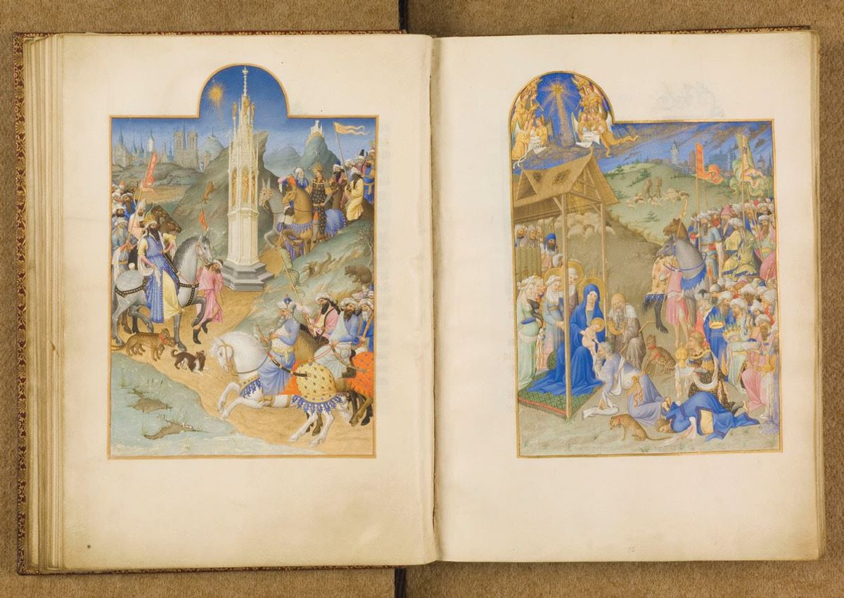 La Rencontre des mages et L’Adoration des mages, folios 51 et 52 des
Très Riches Heures du duc de Berry, XVe siècle, manuscrit enluminé.
© Courtesy de l’IRHT-CNRS et de la bibliothèque du musée Condé/château de Chantilly. Photo Gilles Kagan