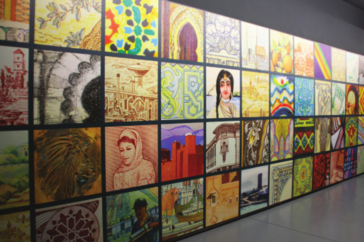 Vue de l’exposition « Une archéologie des images. Le billet de banque au prisme de l’histoire de l’art », musée d’Art Moderne et Contemporain Mohammed-VI, Rabat, 2022. Mosaïque des images des billets et des peintures.