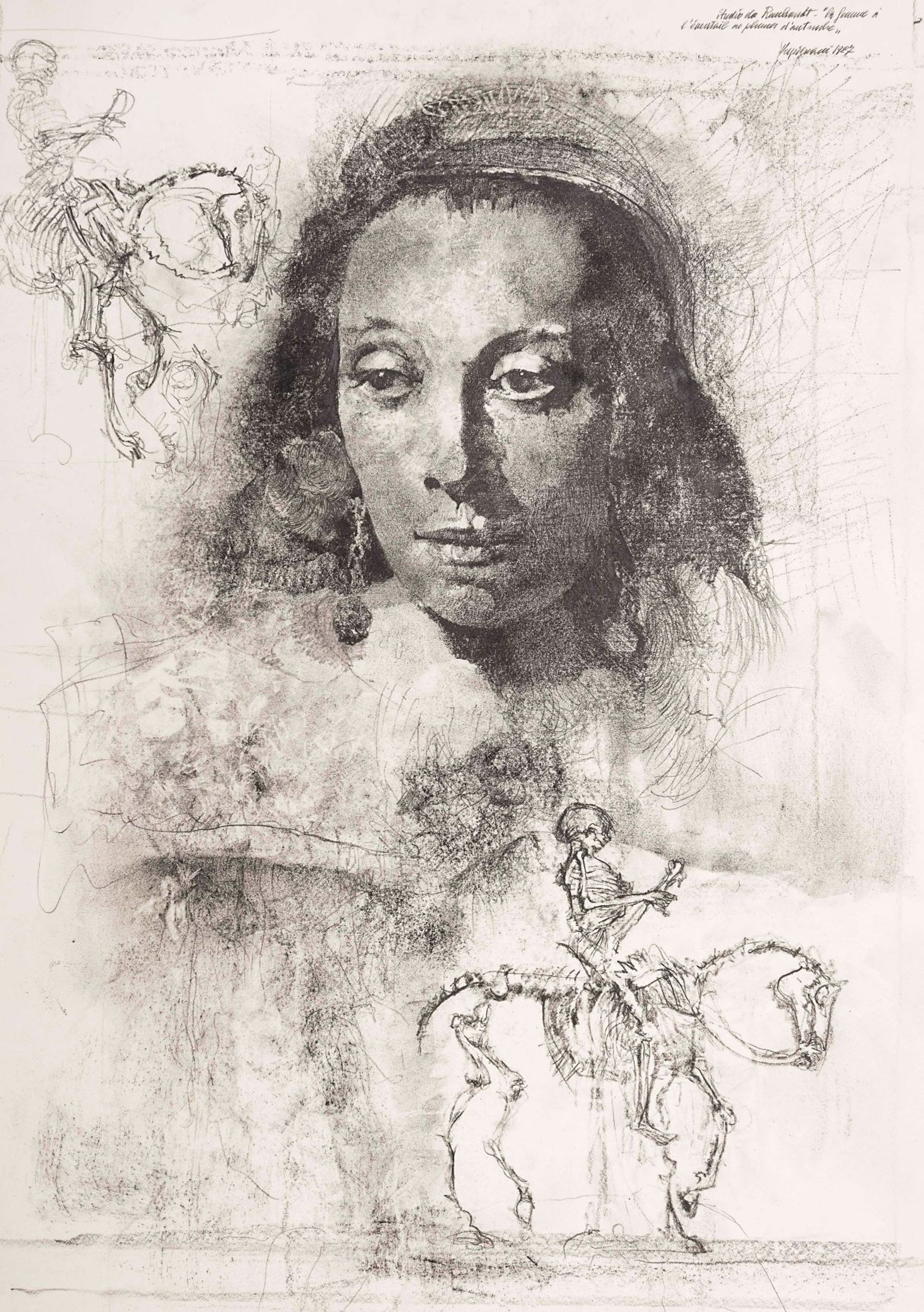 Renzo Vespignani, Étude de Rembrandt. La femme à l’éventail en plumes d’autruche, 1987, pierre noire. Courtesy de Laoccon Gallery/W. Apolloni