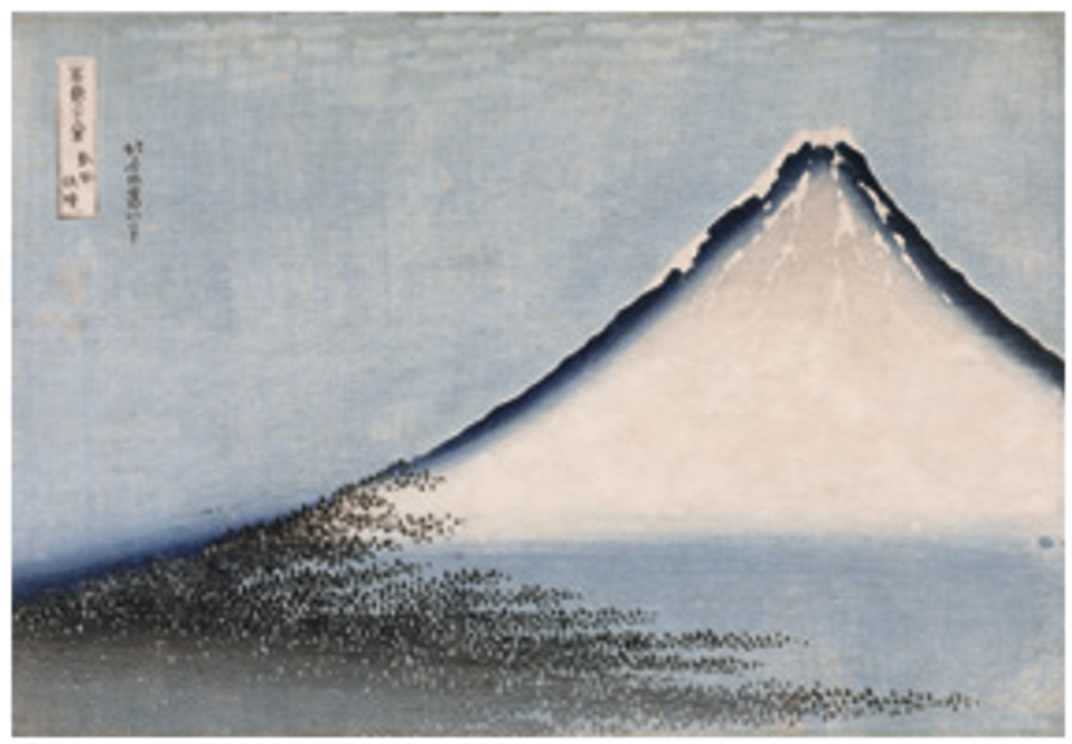 Hokusai, Vent frais par matin clair, dit Fuji bleu, série des Trente-six vues du mont Fuji, 1831, xylogravure monochrome en bleu, musée national des Arts asiatiques – Guimet, Paris. © RMN-Grand Palais (MNAAG, Paris) / Thierry Ollivier
