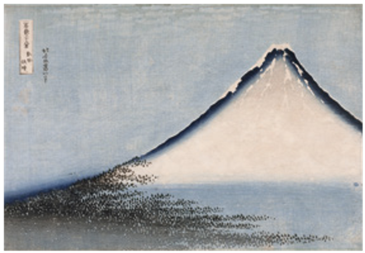 Hokusai, Vent frais par matin clair, dit Fuji bleu, série des Trente-six vues du mont Fuji, 1831, xylogravure monochrome en bleu, musée national des Arts asiatiques – Guimet, Paris. © RMN-Grand Palais (MNAAG, Paris) / Thierry Ollivier
