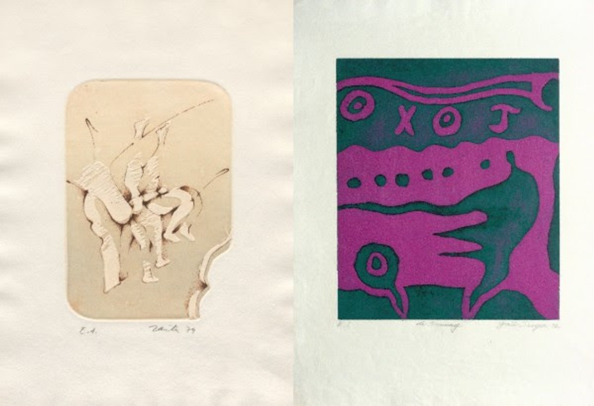 De gauche à droite : Enrique Zañartu, Le Rêve du déménagement, 1974, eau-forte, planche d’illustration pour Michel Butor, impression en couleurs et gaufrage, épreuve d’artiste, 32,5 × 25 cm (feuille), 18,5 × 13 cm (sujet), Paris, et Gail Singer (1924-1983), Le Message, 1972, pointe sèche, carborundum, aquatinte et impression en couleurs, épreuve d’artiste, 64,5 × 49,5 cm (feuille), 40,5 × 34,5 cm (sujet), Paris. © Bibliothèque de l’Institut national d’histoire de l’art