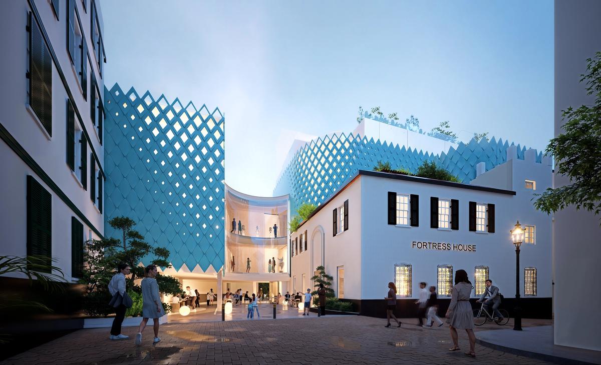 Rendu de la façade extérieure principale de Fortress House. Courtesy de Gamma Architects et Fortress House