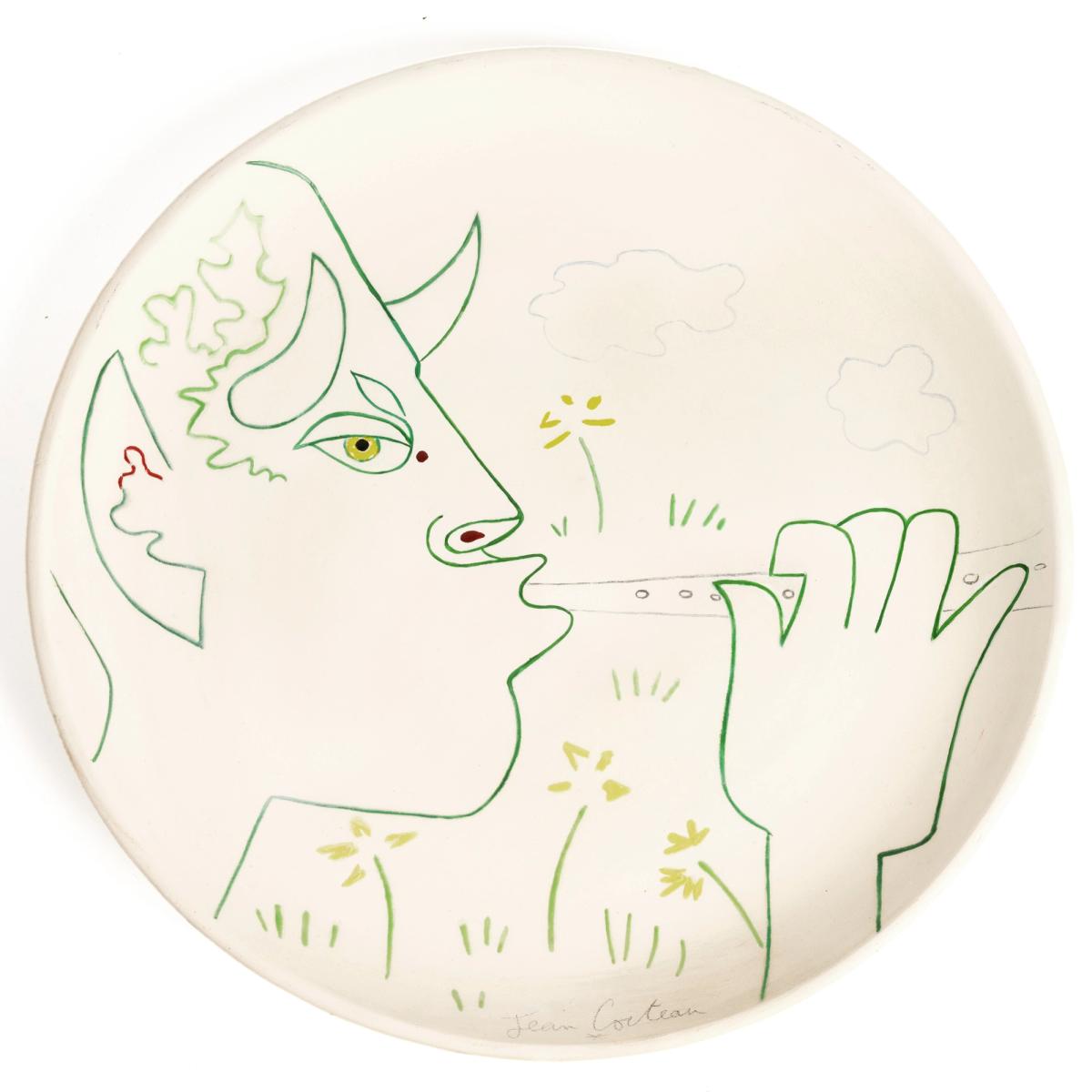 Jean Cocteau, Le Flûtiste, plat en terre émaillé, 1958. Courtesy Barbarossa Maison de ventes