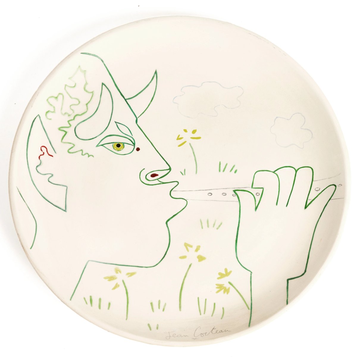 Jean Cocteau, Le Flûtiste, plat en terre émaillé, 1958. Courtesy Barbarossa Maison de ventes