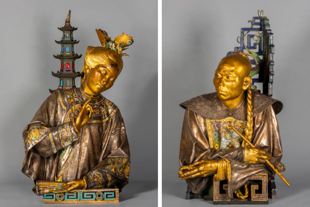 Charles Cordier, Chinoise et Chinois, 1853.
Bustes à mi-corps, bronze doré avec émaux ; pagode et angle ajouré.
Chinoise h. 91,5 x l. 52,5 x p. 52,5 cm
Chinois : h.97,5 x l. 55 x p. 45,5 cm
© Musée d’Orsay, dist. RMN-Grand Palais / Sophie Crépy