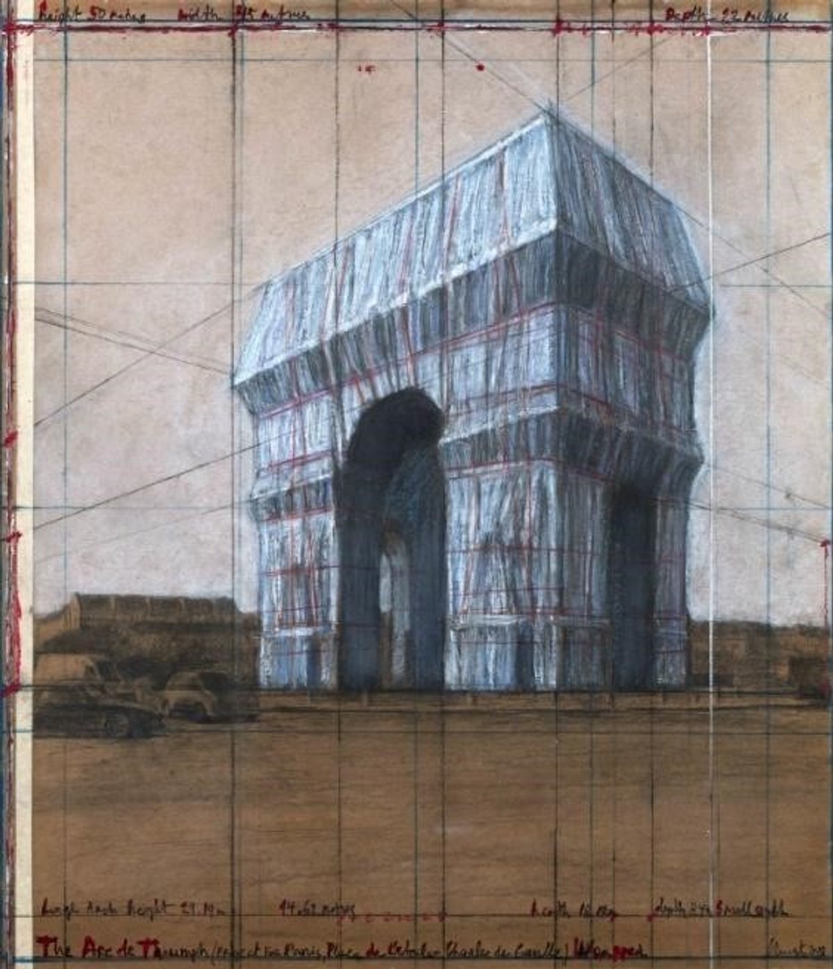 Christo, L’Arc de Triomphe empaqueté (Projet pour Paris, Place de l’Etoile-Charles de Gaulle), dessin, 2018, 77,5 x 66,7 cm, crayon, fusain, pastel, crayon à la cire, peinture émaillée et ruban adhésif sur papier brun. Photo : André Grossmann. © 2018 Christo