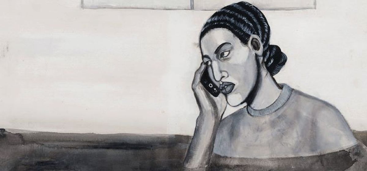 Neïla Czermak Ichti, Allô, ouais, il se passe des trucs chelous, rappelle-moi, 2019, acrylique sur papier. © Neïla Czermak Ichti. Courtesy de la galerie anne barrault. Photo Aurélien Mole