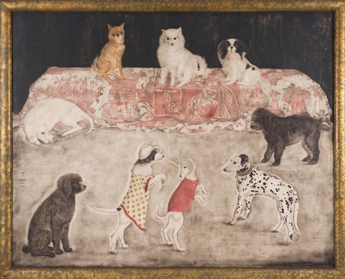 Foujita, Chiens savants ou Le Carnaval des chiens, 1922, huile, pinceau, encre de Chine et fusain sur toile, est. 1,7-2,3 million(s) d’euros. © Bonhams