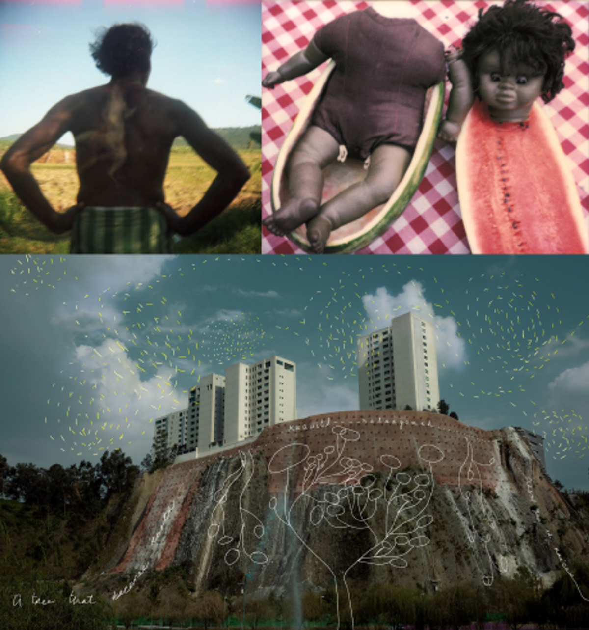 De gauche à droite et de haut en bas : Jaisingh Nageswaran, Pallivaal. © Jaisingh Nageswaran ;
Destiny Deacon, Outside Looking In. © Destiny Deacon ;
Mónica Alcázar-Duarte, Grandma is a beekeeper. © Mónica Alcázar-Duarte