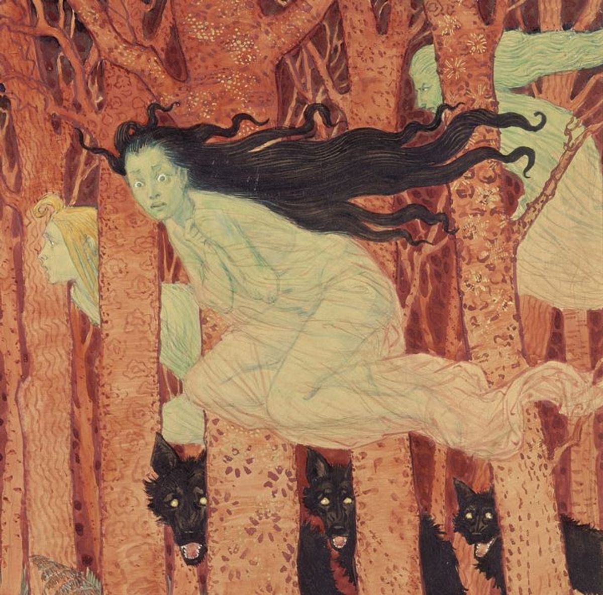 Eugène Grasset, Trois femmes et trois loups, vers 1892, crayon, aquarelle, encre de Chine et rehauts d'or sur papier, musée des Arts décoratifs, Paris. Photo GrandPalaisRmn / agence Bulloz