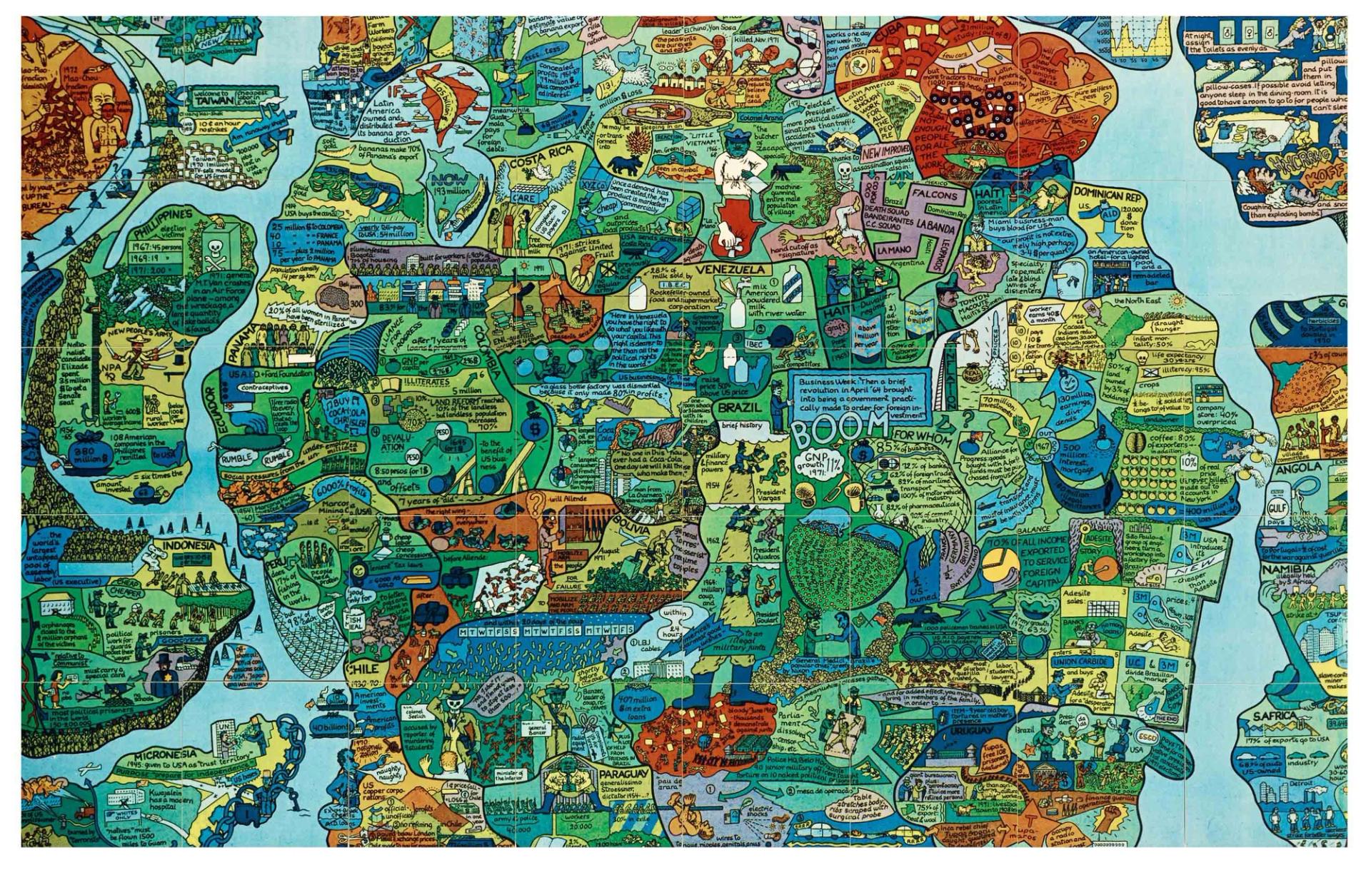 Öyvind Fahlström, Section of World Map – A Puzzle, 1973, sérigraphie sur vinyle blanc opaque, découpé et aimanté sur panneau métallique, collection particulière. © 2022, ProLitteris, Zurich