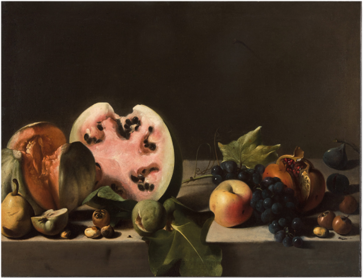 Pensionante del Saraceni, Melon, pastèque et fruits sur un entablement, vers 1610-1620, huile sur toile. © Samuel H. Kress Collection